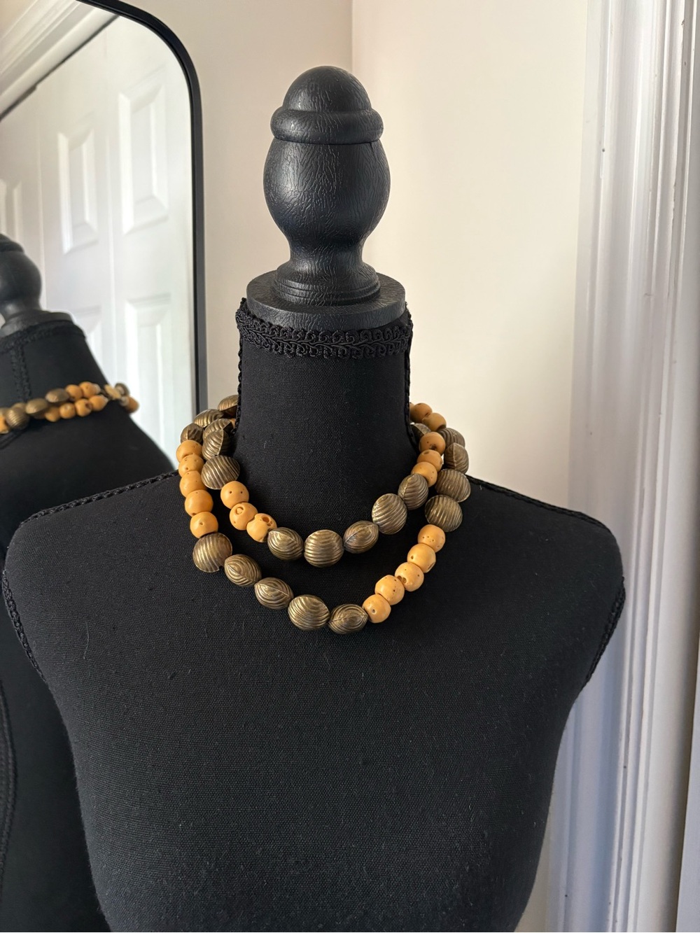 Two-Strand Wooden Bead Necklace in Mustard Yellow and Olive